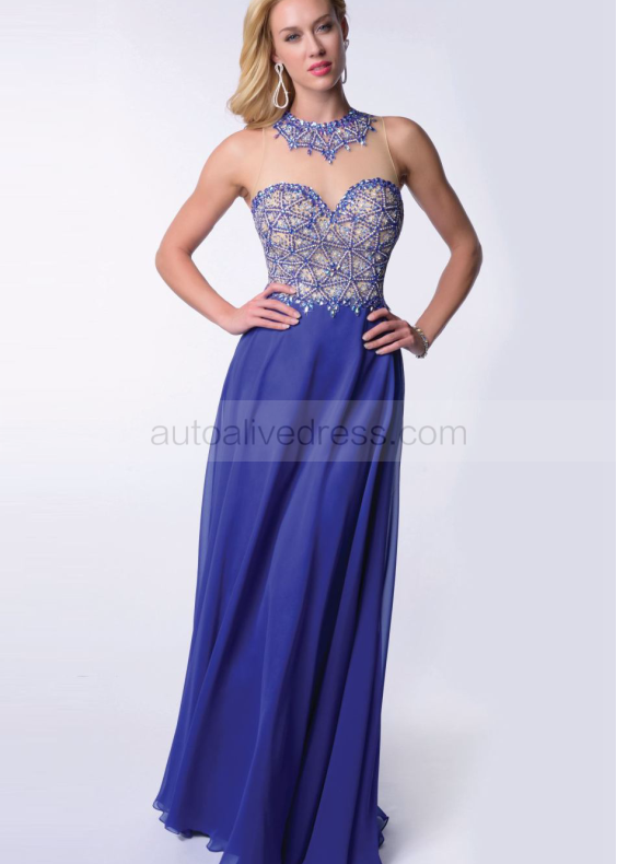 Jewel Neckline Beaded Royal Blue Chiffon Luxury Prom Dress